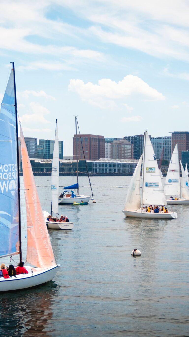 sailboats in the Piers Park cove, sailing out toward Boston Inner Harbor